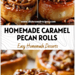 Golden Caramel Pecan Cinnamon Rolls glazed with caramel and pecans on a baking tray.